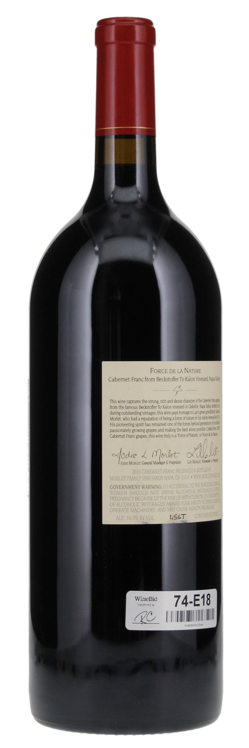 2016 Morlet Family Vineyards Force de la Nature Beckstoffer To Kalon Cabernet Franc, 1.5ltr