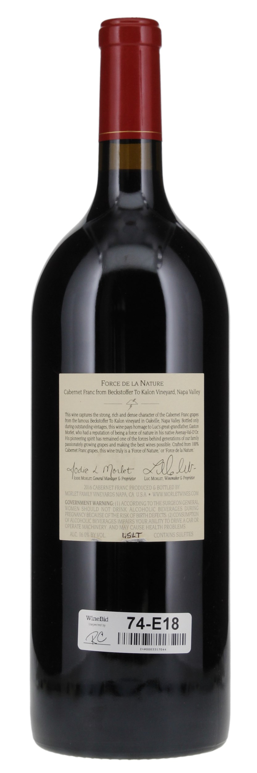 2016 Morlet Family Vineyards Force de la Nature Beckstoffer To Kalon Cabernet Franc, 1.5ltr