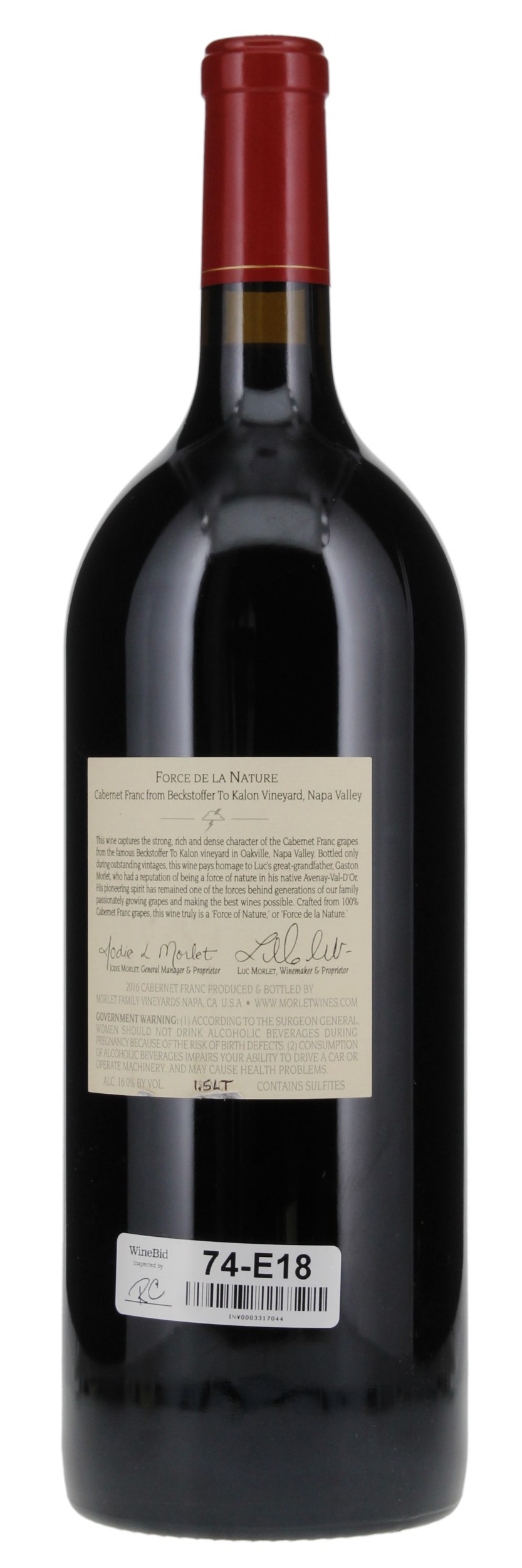 2016 Morlet Family Vineyards Force de la Nature Beckstoffer To Kalon Cabernet Franc, 1.5ltr