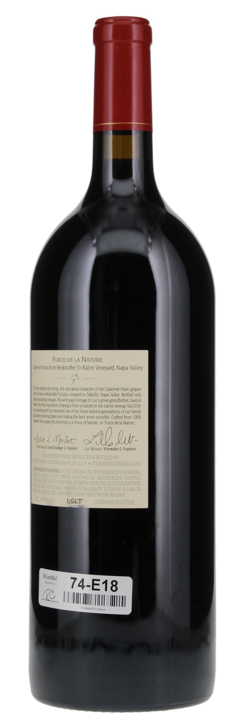 2016 Morlet Family Vineyards Force de la Nature Beckstoffer To Kalon Cabernet Franc, 1.5ltr