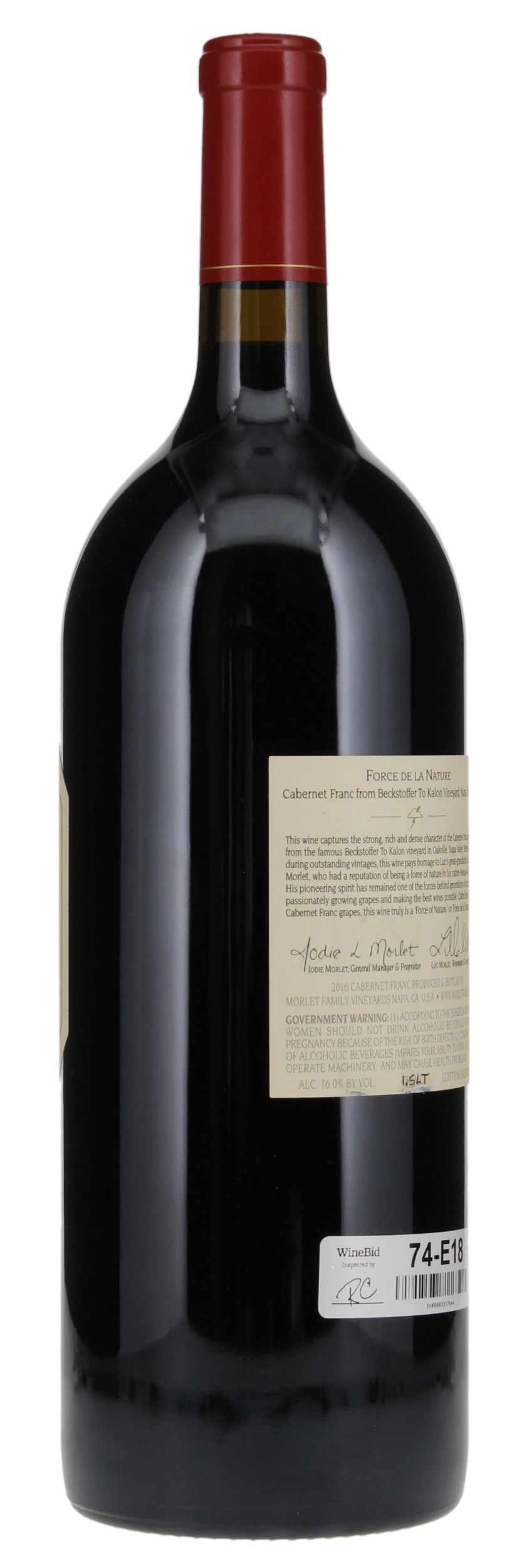 2016 Morlet Family Vineyards Force de la Nature Beckstoffer To Kalon Cabernet Franc, 1.5ltr