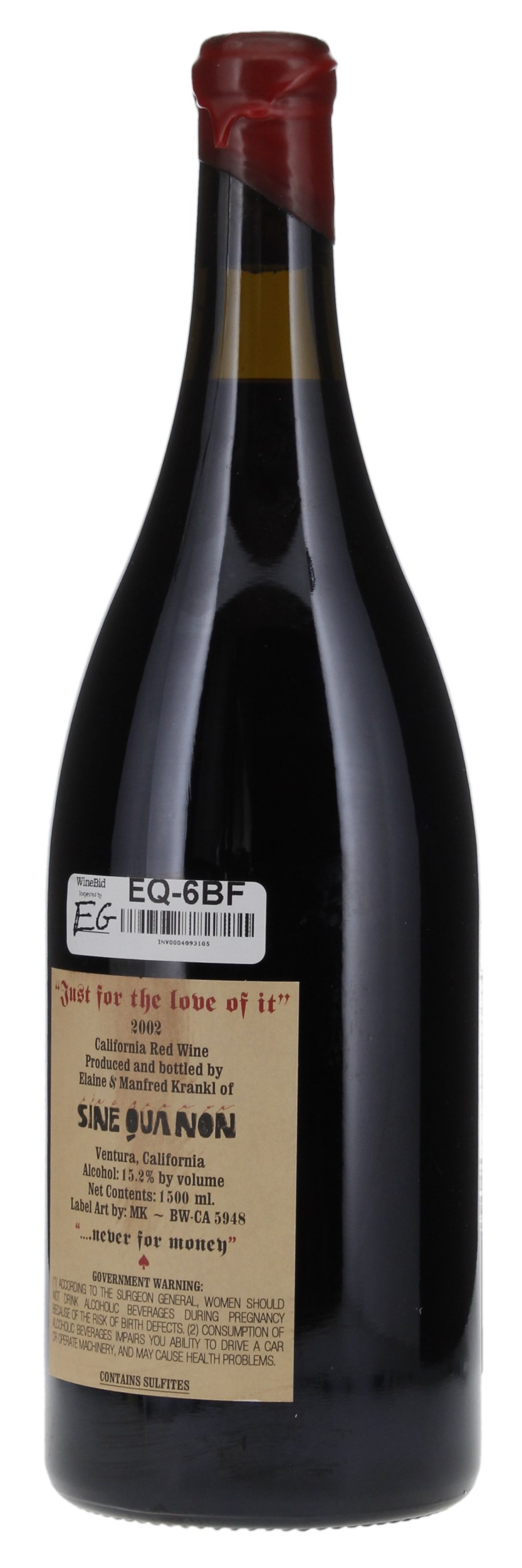 2002 Sine Qua Non Just For The Love Of It Syrah, 1.5ltr