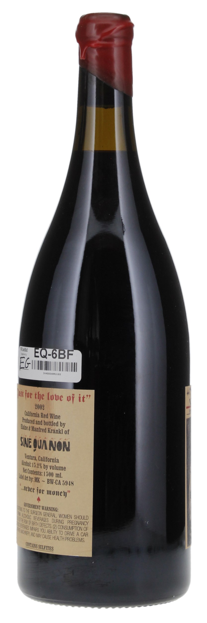 2002 Sine Qua Non Just For The Love Of It Syrah, 1.5ltr