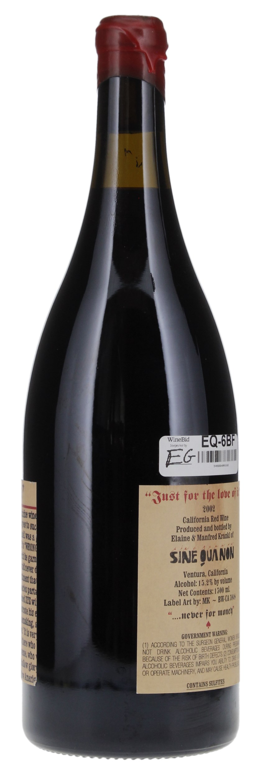 2002 Sine Qua Non Just For The Love Of It Syrah, 1.5ltr