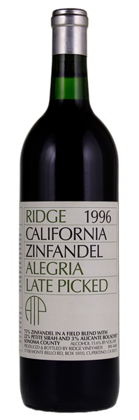 1996 Ridge Alegria Late Picked Zinfandel ATP, 750ml