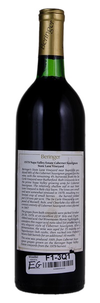 1979 Beringer State Lane Vineyard Cabernet Sauvignon, 750ml