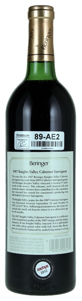 1987 Beringer Knights Valley Cabernet Sauvignon, 750ml
